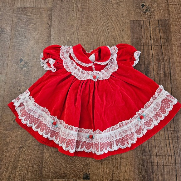 Other - Vintage Red Velvet Baby Dress Lace Rosettes Holiday Christmas 24 Months RN 16954